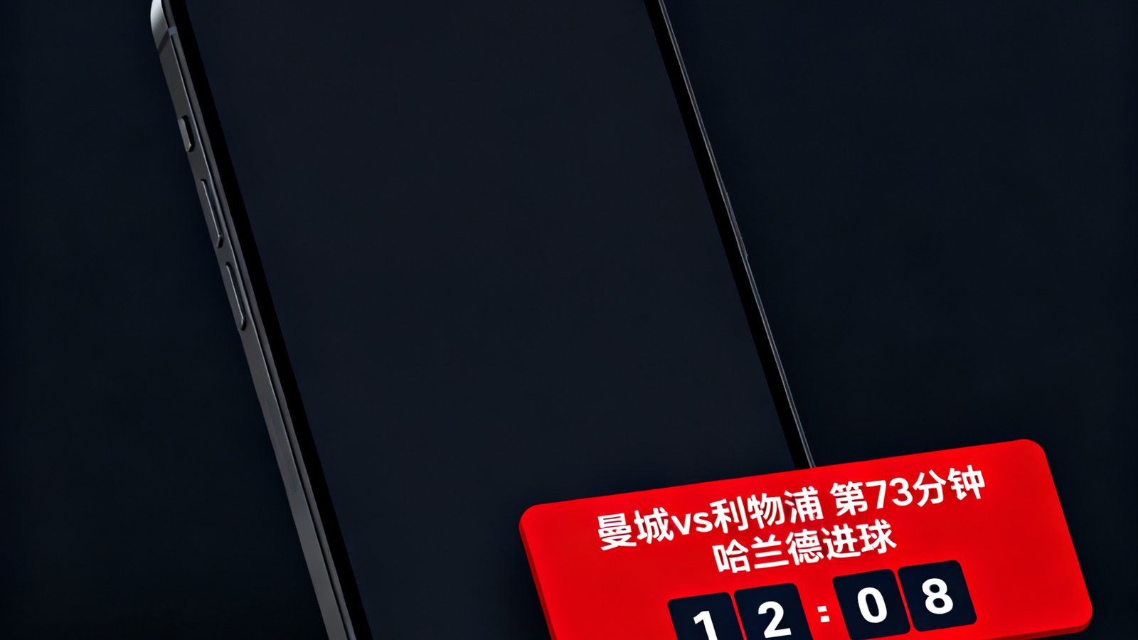 比分网实时比分界面展示，红色弹窗在屏幕右下角醒目弹出，显示曼城vs利物浦比赛中第73分钟哈兰德进球信息，背景为深色模式比分面板，数字清晰可见